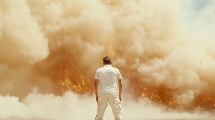 Facing the Inferno: A solitary figure stands stoic, observing a massive explosion engulfing the horizon, the air thick with smoke and the promise of chaos. 