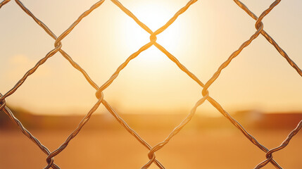 Fototapeta premium Golden Hour View Through Chain Link Fence: The warm, golden light of sunset bathes the scene, with a blurred landscape peeking through a diamond patterned chain link fence.