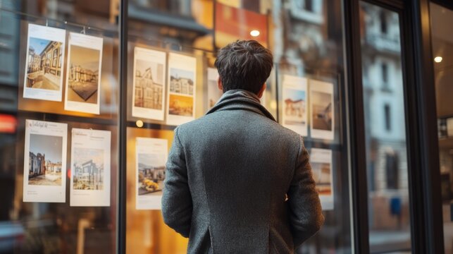 Man Looking At Real Estate Listings In A Shop Window. Thinking About Buying A New House, Or Investing In Property.