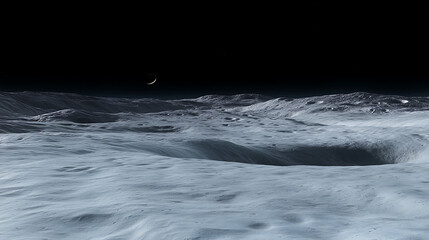 Cratered Lunar Surface Under Dim Light with a Crescent Moon in the Sky Celestial Landscape Scene