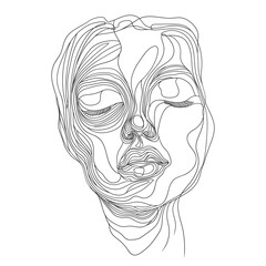 Portrait of a fashionable young beautiful girl with. Vector linear drawing. Black and white female portrait.