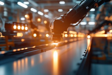 A highly advanced robotic arm meticulously working on a production line, showcasing the precision and capabilities of modern automation in manufacturing processes.