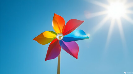 A colorful pinwheel spinning in the breeze under bright sunlight