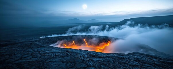 Fototapeta premium Volcanic landscapes concept. A captivating view of an active volcano with glowing lava and smoke under a twilight sky.