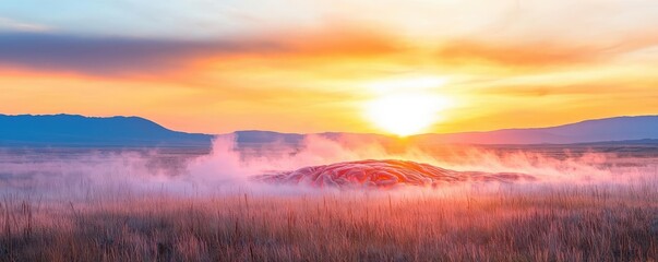 Volcanic landscapes idea. A breathtaking sunset over rolling hills with mist enveloping the landscape.