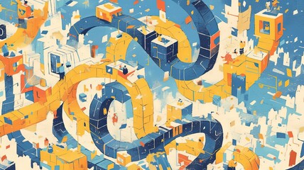 Abstract city network, people commute, busy background, urban illustration