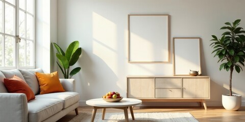 Bright, airy living room interior design with minimalist furniture and natural light streaming through a large window, showcasing a light-colored sofa, wooden cabinet, and stylish coffee table