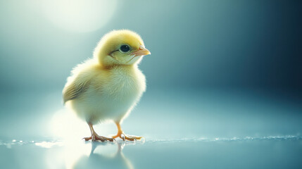 A single golden chick standing on a smooth, pale-blue surface, with its delicate feathers softly lit from the side