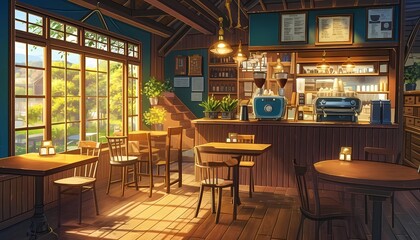 Lofi Jazz Tokyo Café Anime Style Coffee Shop Background for YouTube Thumbnail