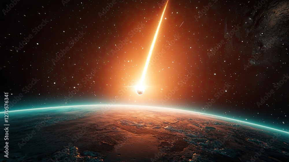 Wall mural asteroid impact concept. a stunning view of a celestial event with a bright comet traveling through 