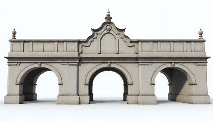 Obraz premium Detailed Stone Arch Bridge Render: Weathered Texture and Intricate Carvings Against White Background