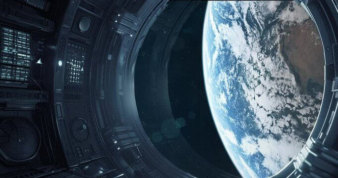 View of Earth and its curved horizon through a large circular observation window inside a futuristic spacecraft.