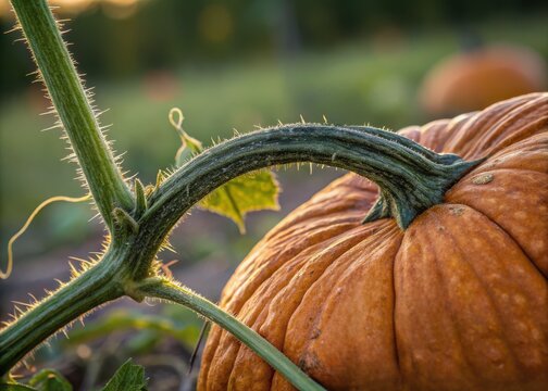 Natural macro shot concept. A close-up of a pumpkin vine intertwined with an orange pumpkin, showcasing the natural textures and colors of autumn in a farm setting. - Powered by Adobe