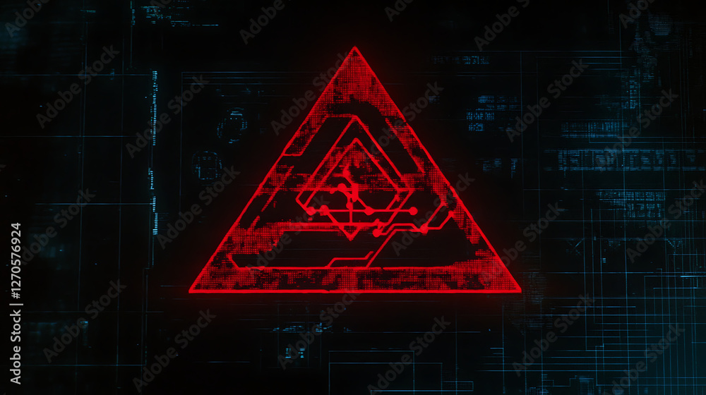 Poster cybernetic interface display screen with red triangular warning signal graphics and circuitry