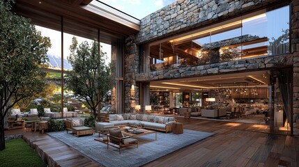 Obraz premium Luxurious mountain home interior, open-plan living, outdoor patio, tranquil background