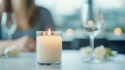 Glowing Candle and Romance: Capturing the warmth of a candle and glass, as a person waits at a table with soft lighting, perfect for setting a romantic scene.