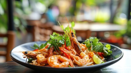 Delicious Shrimp Pasta With Vegetables On Black Plate. High Angle, Vibrant Color. Culinary Concept.