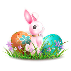 Drawing with Easter eggs and cute bunny, design component
