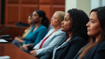 In a bustling courtroom, diverse jurors sit attentively, their faces showing focus and seriousness as they engage in the trial process and assess the case