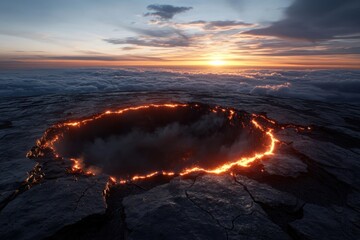 Fototapeta premium An awe-inspiring depiction of a lava pit against a stunning sunset, illustrating the duality of beauty and danger inherent in natural phenomena.