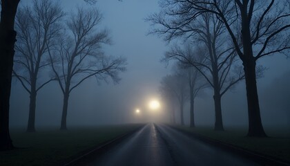 Fototapeta premium Misty Night Road: Dark Blue Evening with Illuminated Path and Bare Trees