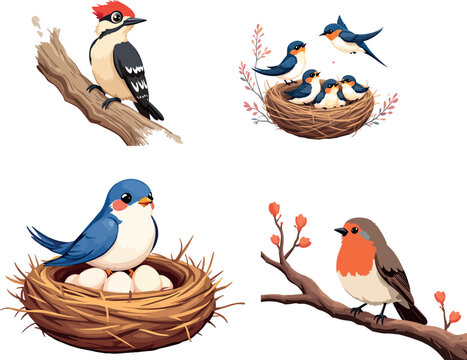 Vsai illustrative birds on branches and nests with eggs