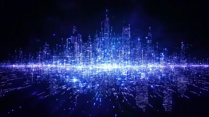 Fototapeta premium Cyberpunk Cityscape Digital Data Flow Futuristic Technological Network Illuminated Night Scene