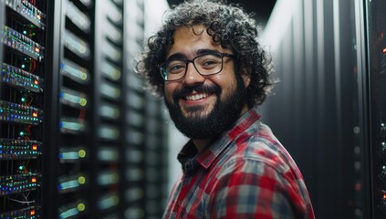 Data center scene with a cheerful network engineer ensuring system reliability.