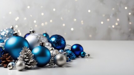 A festive and elegant Christmas-themed background featuring blue and silver decorations on a clean white backdrop. Perfect for holiday greetings, seasonal designs, and winter celebrations.