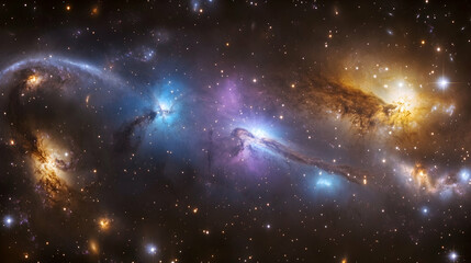 A mesmerizing galaxy view captured from deep space, featuring swirling nebulae, luminous stars and cosmic dust clouds, glowing in shades of blue, purple and gold against the vast darkness