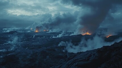 Volcanic landscapes concept. Dramatic volcanic landscape with lava flows and smoke under moody sky during twilight.
