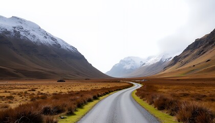 Obraz premium Winding Gravel Road Through a Snow Capped Mountain Valley