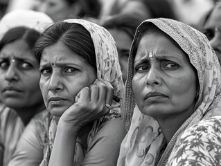 Indian women at a religious ceremony, one showing disbelief and the other sadness.