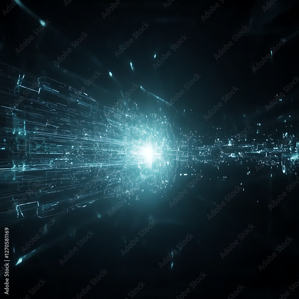 Poster data stream visualization with light effect and digital network connection concept on dark backgroun
