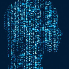 Data Driven Mind Conceptual Portrait Digital Consciousness Human Head Shape Numbers and Codes