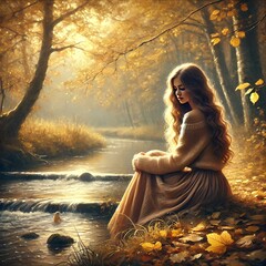 a beautiful girl near the stream generative Al	