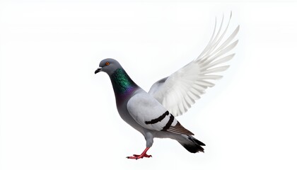 Obraz premium Detailed Photorealistic Pigeon in Flight Against White Background