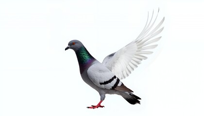 Detailed Photorealistic Image of a Gray Pigeon in Flight Against a White Background