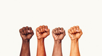 Four hands with clenched fists of different skin tones on an isolated cream-colored background. Concept of protest