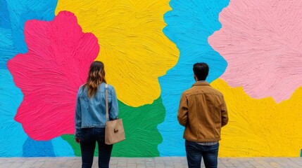 Obraz premium Two people admire a vibrant mural filled with colorful abstract shapes.
