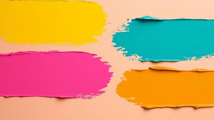 Bright color swatches of pink, yellow, teal, and orange paint on a pastel background.