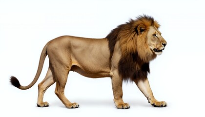 Obraz premium Majestic Male Lion Walking Against White Background Photorealistic Wildlife Image