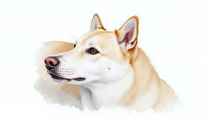 Obraz premium Photorealistic Watercolor Portrait of a Light Tan Dog with Alert Expression