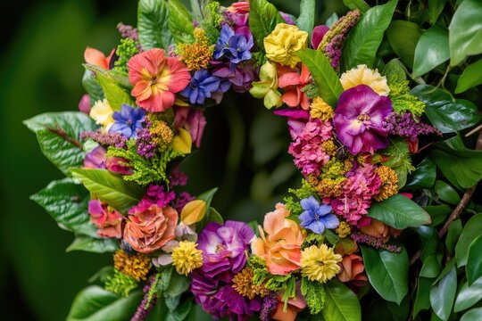 Decorative floral wreath with diverse flowers in hues of red, pink, purple, yellow and blue.