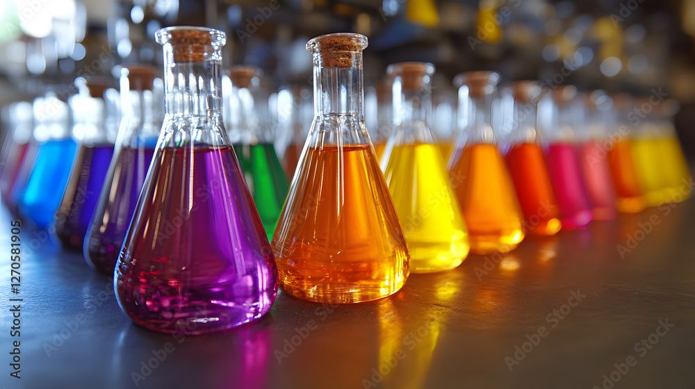 Poster a vibrant array of laboratory flasks filled with colorful liquids, showcasing a spectrum from purple