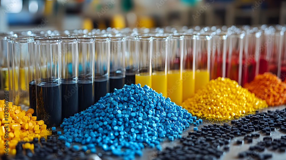 Poster colorful granules and liquid samples are arranged neatly in test tubes, showcasing a vibrant display