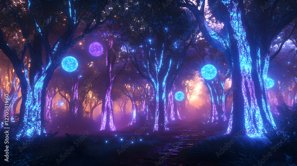 Canvas Prints a surreal glowing forest bathed in the luminescent light of an otherworldly eclipse, where trees pul