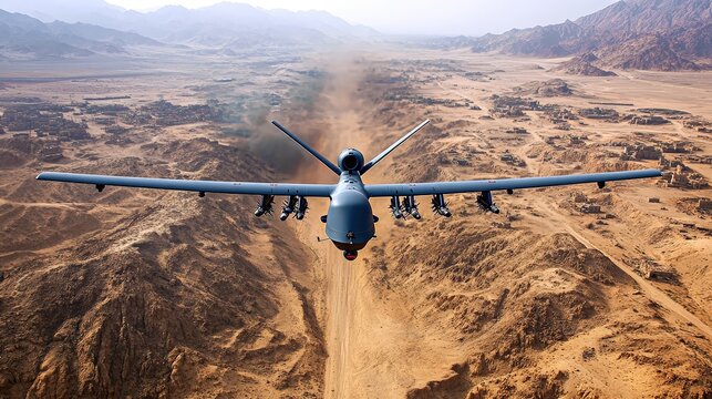 Military drone soars over rugged landscape, showcasing advanced technology in aerial surveillance