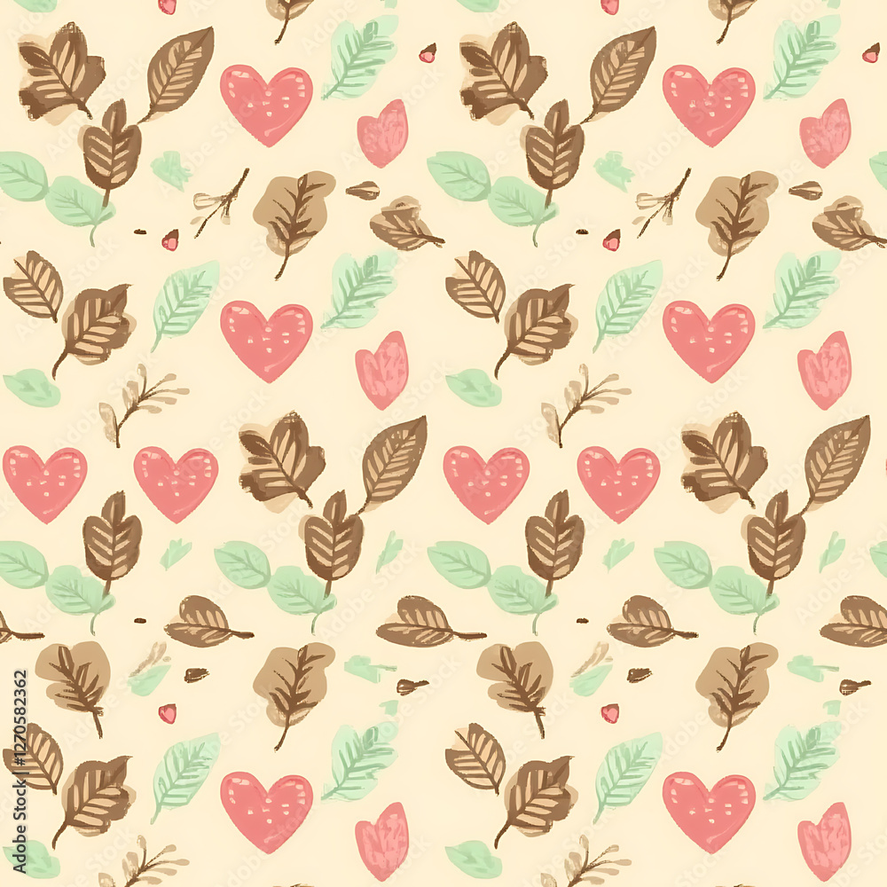Poster delicate botanical pattern with hearts and leaves for backgrounds and textiles design applications