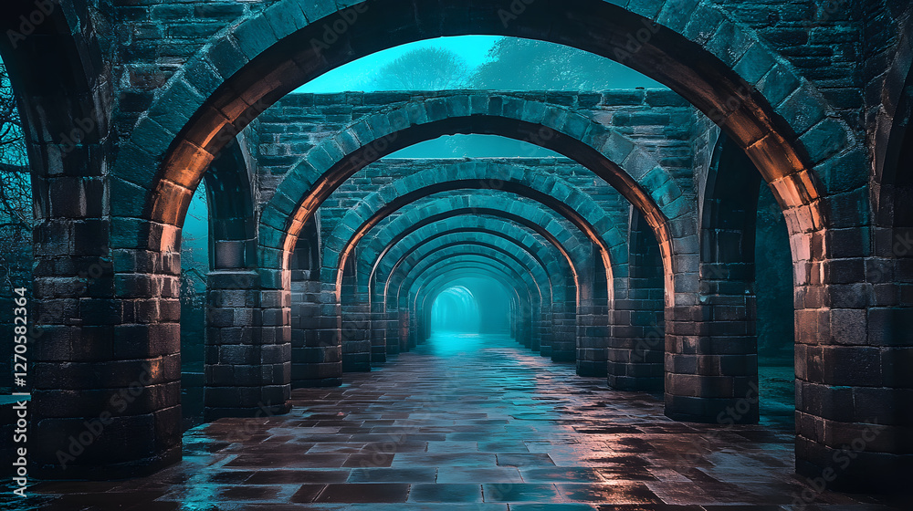 Poster A mysterious underwater corridor featuring stone arches and illuminated by soft blue light, evoking a sense of intrigue and ancient architecture